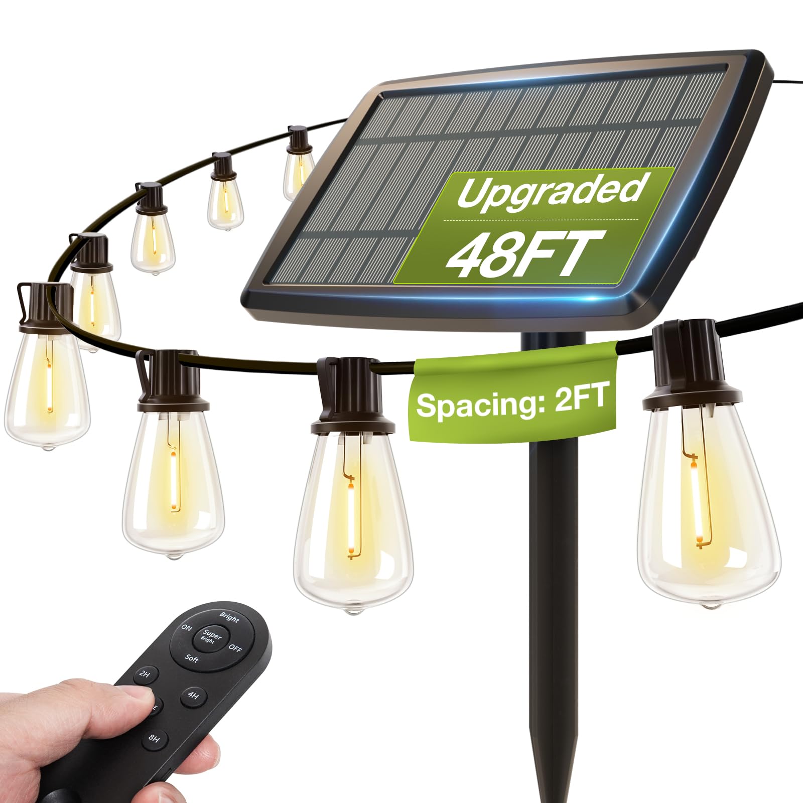 Addlon 54(48+6) Ft Solar String Lights Waterproof,Patio Lights Solar Powered With Remote& Usb Port 24+2 Led Shatterproof Bulbs 3