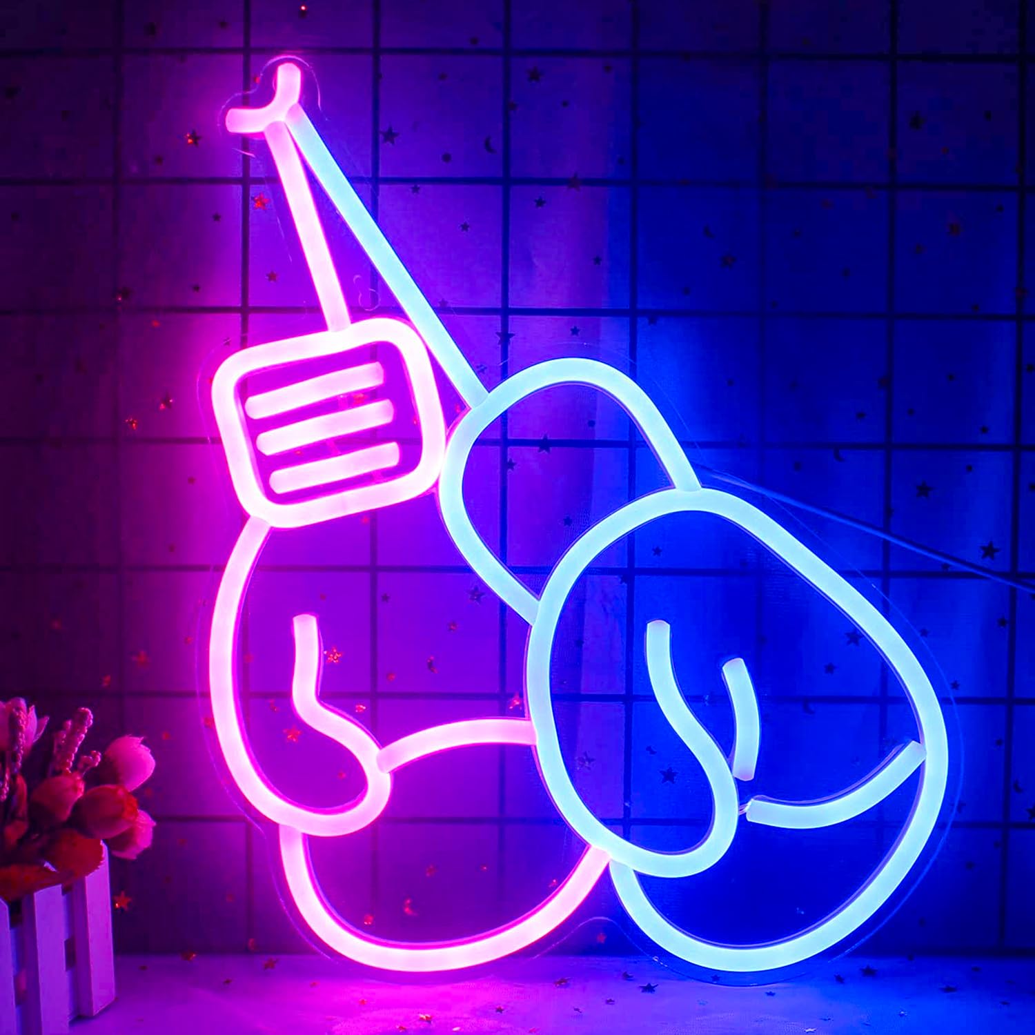 LUCUNSTAR Boxing Gloves Neon Light Sign, Acrylic, USB/Switch, Pink Blue, Model NS-DC-009, Gym Wall Decoration