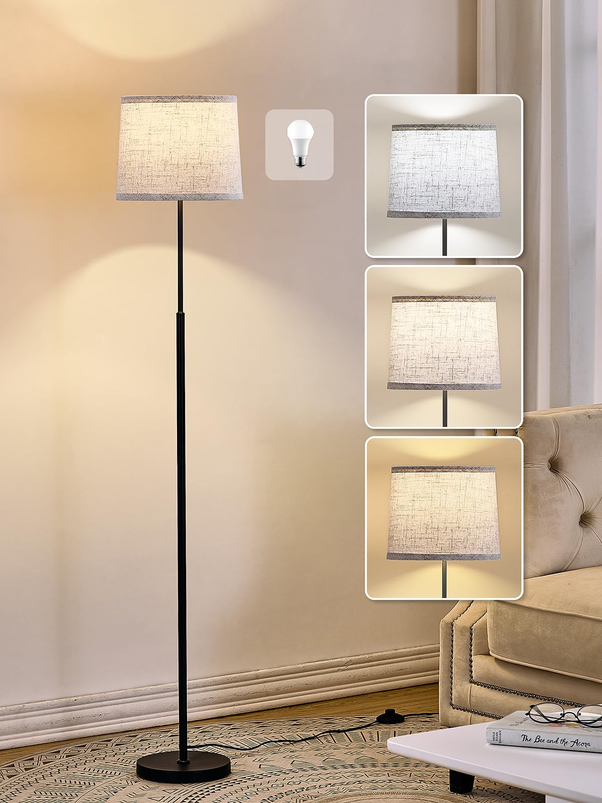 Hikczc 60in Modern Floor Lamp, Black Metal with Oatmeal Linen Shade, A19 9W Bulb, Foot Switch Control, Model H-1F-102