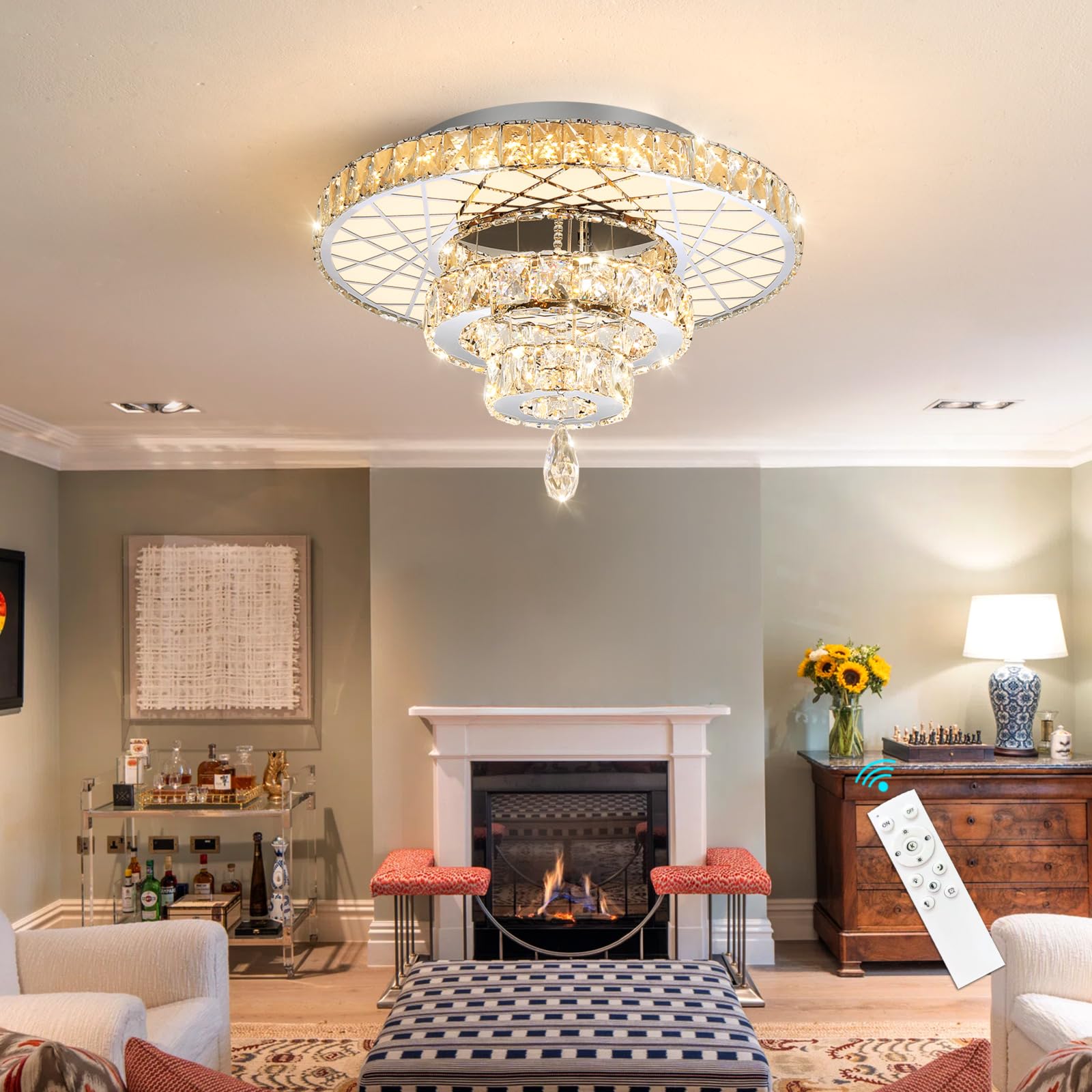 Haixiang 20 Inches Crystal Ceiling Light Modern Glam Chandelier Elegant Remote Dimmable Lighting Fixture Silver Lamp