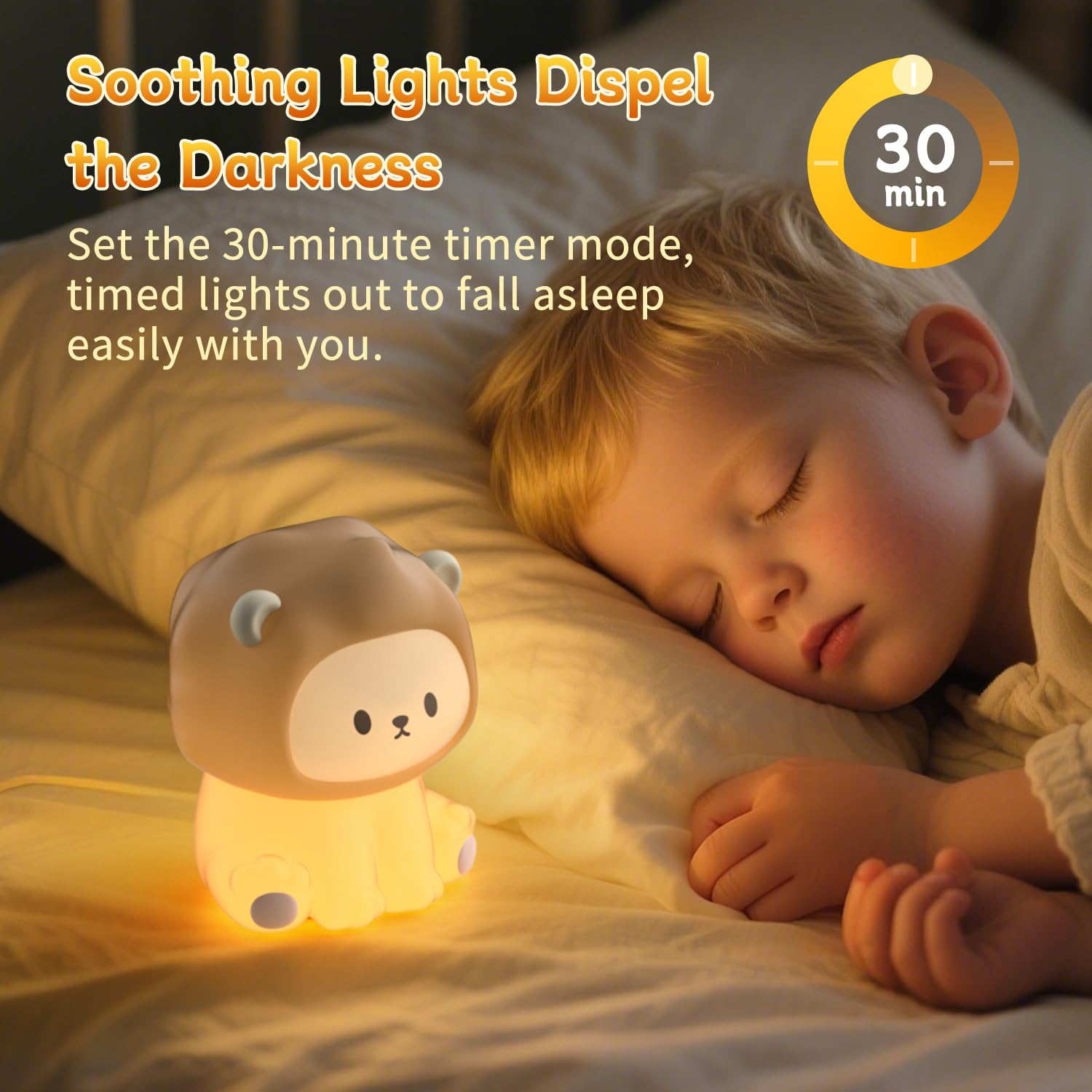 KinYiLO Cute Lion Night Light - Rechargeable Silicone Lamp, Small, 3 Brightness Levels, Warm Light, Tap Control, Model LLD-D18