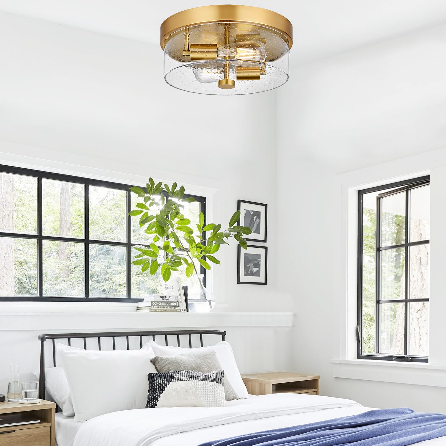 Flush Mount Ceiling Light Fixtures, 2-Light Gold Ceiling Mount For Farmhouse With Seeded Glass Lampshade, Industrial Flush Mount