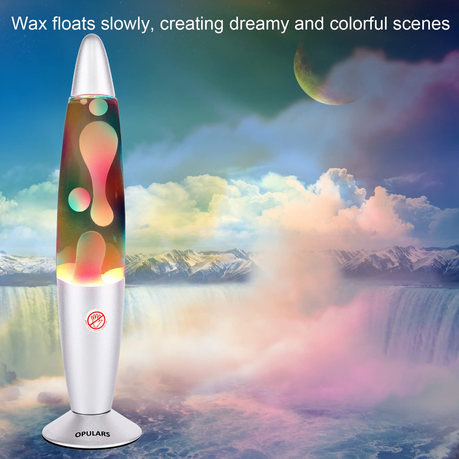 OPULARS Colorful Magma Lamp Rainbow Motion Lamps for Adults and Kids, 13.5-inch Silver Base Lamp with White Wax in Clear Liquid,