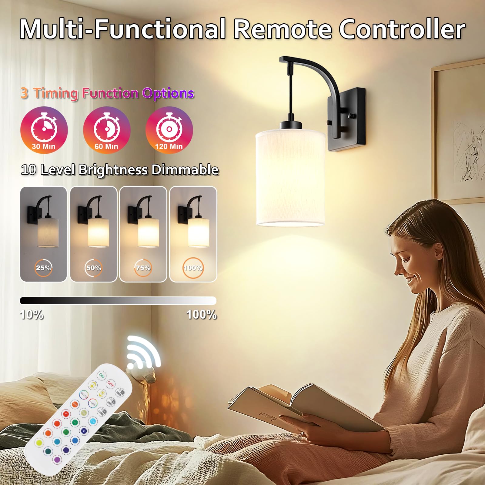 CNOIJUTS Battery Operated Wall Sconces Set of 2, Black, Rechargeable with Remote, 15 Colors Dimmable, Model W250301RC