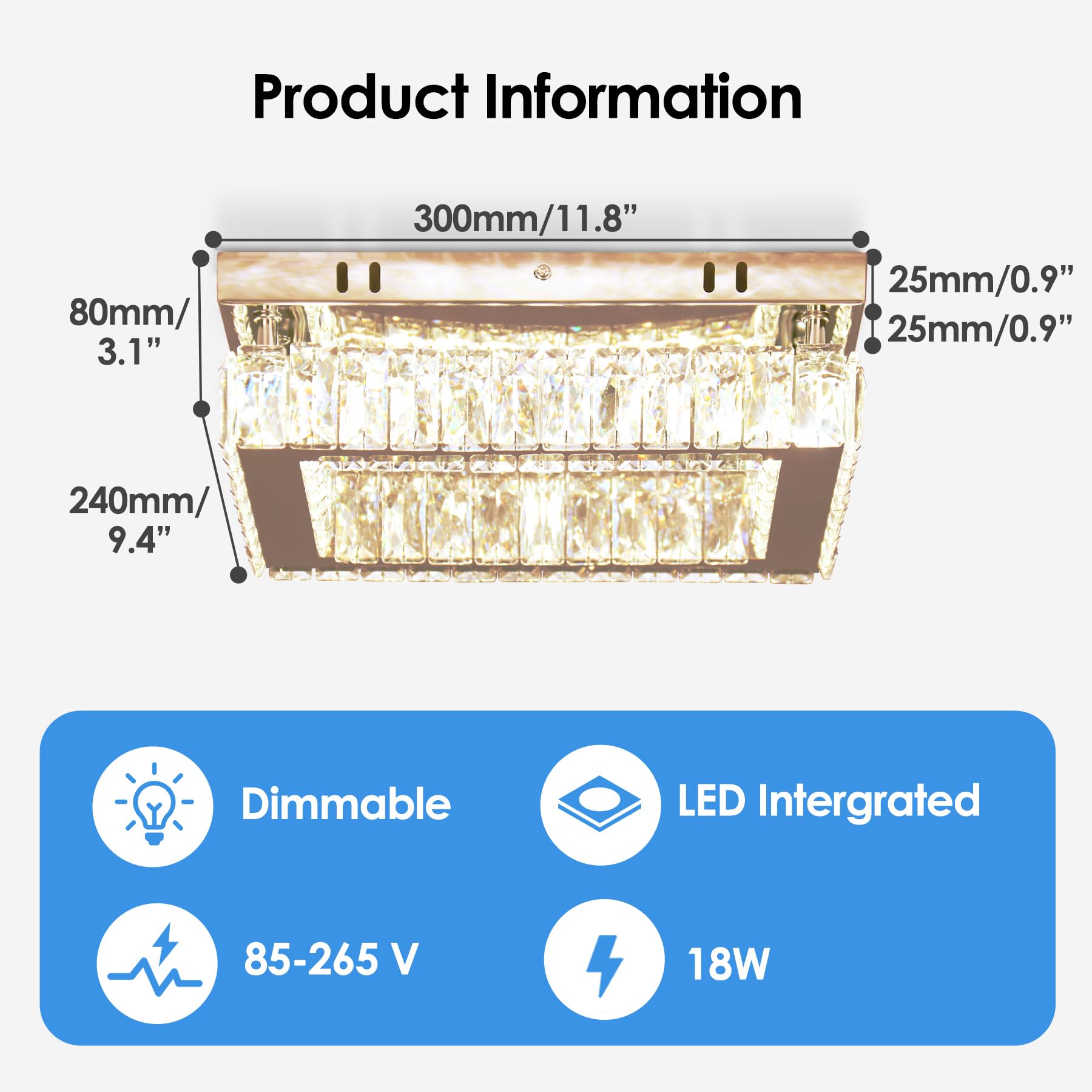 Finktonglan Dimmable Led Crystal Ceiling Light, Rectangular Stainless Steel Chandelier Fixture