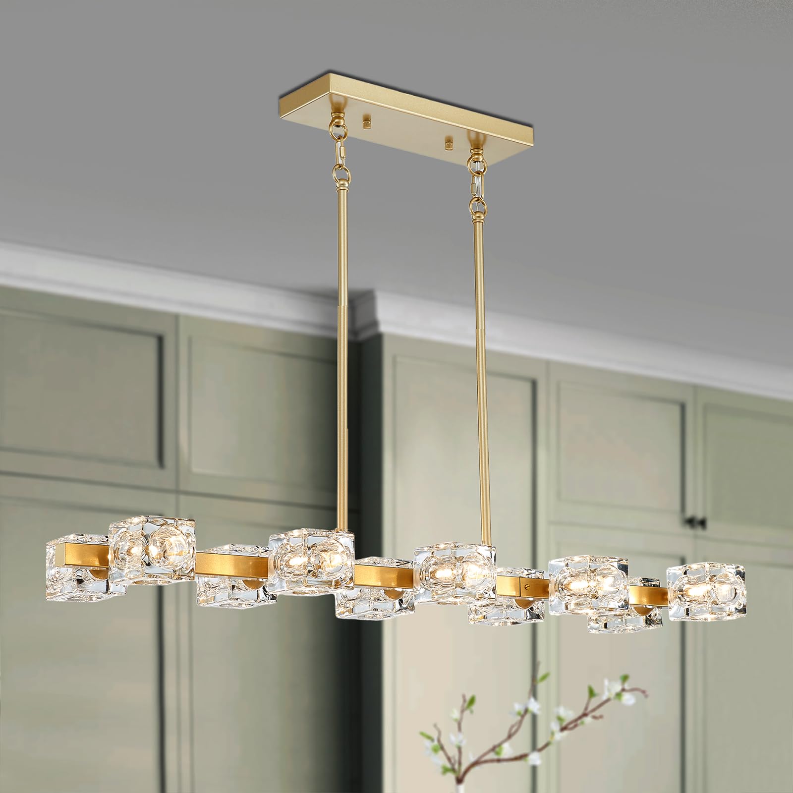 Xingqi 10-Light Gold Sputnik Chandelier Rectangular Dining Room Light Fixture Kitchen Island Pendant Metal Industrial Farmhouse 