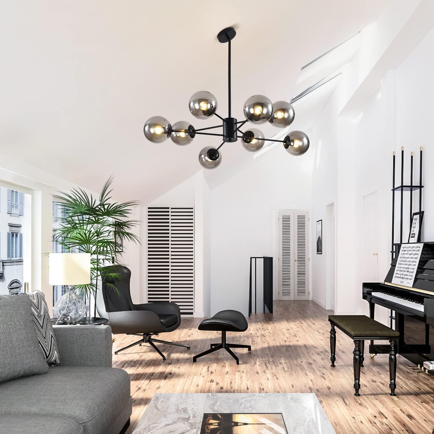 KCO Modern Glass Globe Sputnik Chandelier 8-Light Black+Smoke Grey L1085-8-BS Farmhouse Industrial Pendant Light Fixture