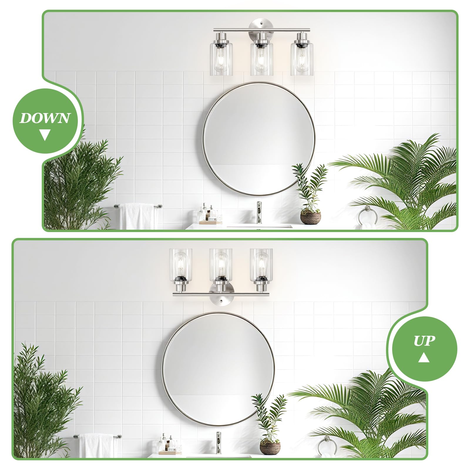 Guliaofo 3-Light Bathroom Vanity Light Fixtures, Brushed Nickel, Clear Glass Shade, Model Gu-111-QGN-3
