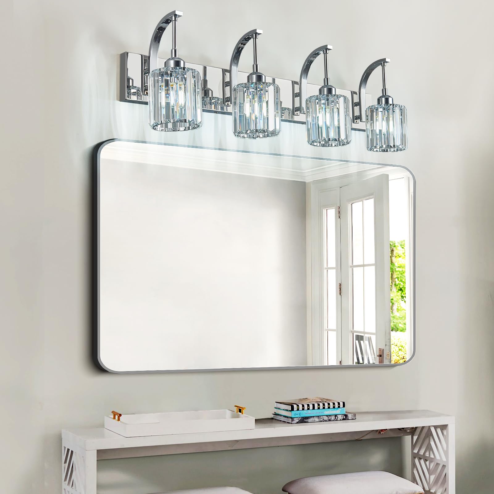 Fdpby 4-Light Crystal Vanity Light  Modern Chrome Bathroom Wall Sconce With K9 Crystal Shades  32.67 Long Over Mirror Lighting For Vanity  Makeup  Hallway  Elegant & Easy Install