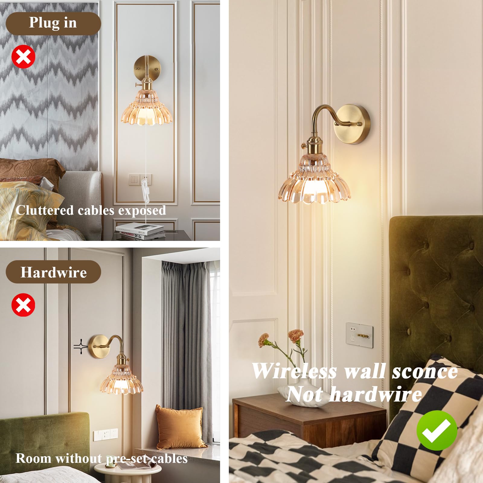 EIDEARAY Vintage Battery Operated Wall Sconces, Rechargeable RGB Lamps, Dimmable Remote Control, Flower Amber, Set of Two, Model YLC-BRO3TB