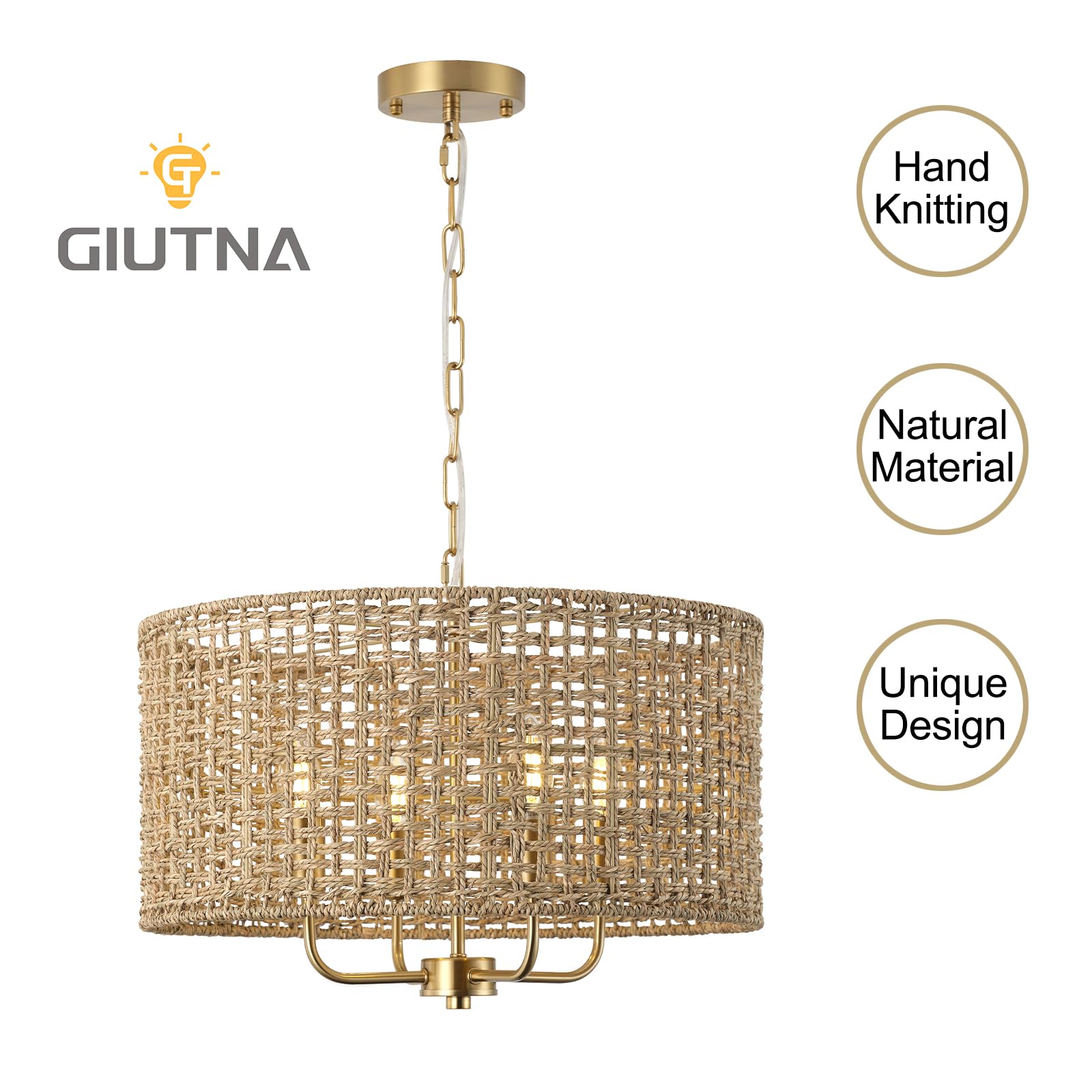 Giutna Rattan Drum Chandelier, 4-Light Bohemian Pendant Light Fixture, Gold, Hand-Woven for Dining Room, Entryway, Living Room, CHANDELIER02