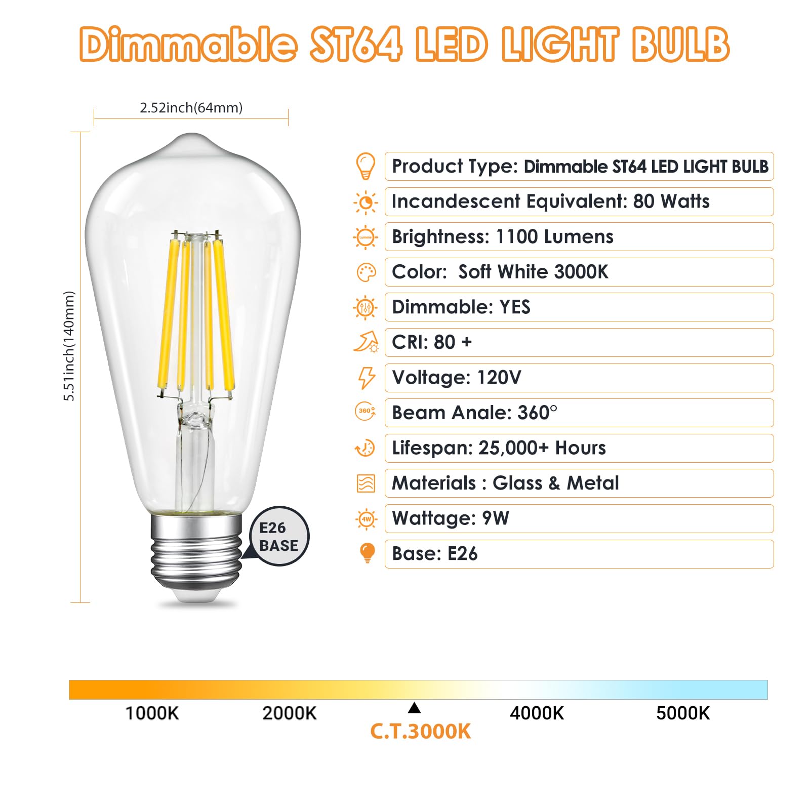 Dimmable Led Edison Bulbs 9W (80 Watt Equivalent) 1100 Lumens, 3000K Soft White, St64 E26 Base Led Light Bulbs, Vintage Clear Gl
