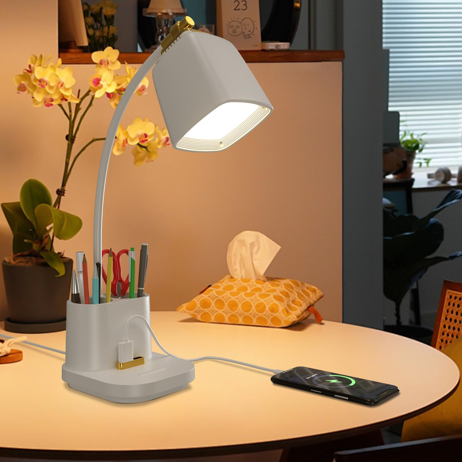 Led Desk Lamp With Usb Charging Port & Pen Holder, Dimmable Reading Light, Small Touch Table Lamp For Bedside Office Home Study 