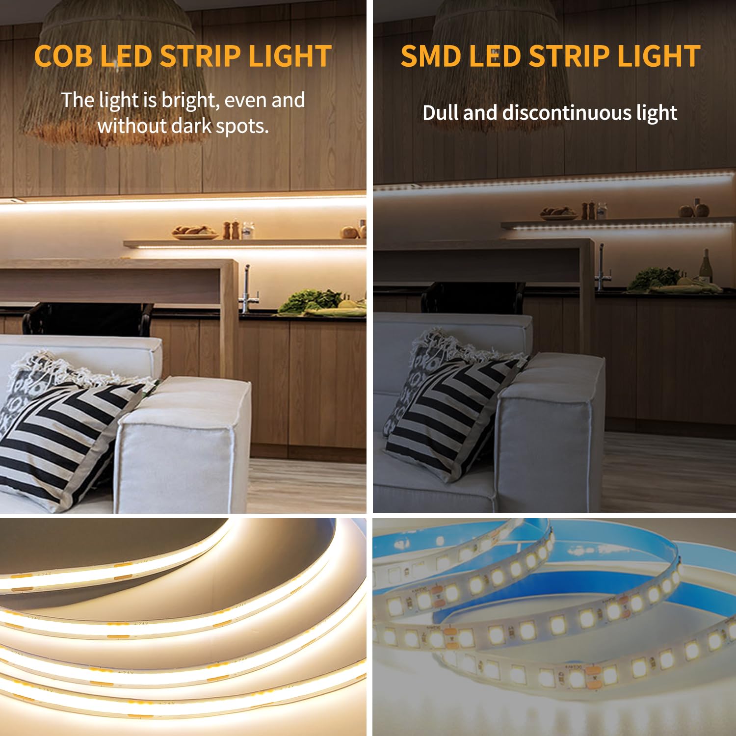 Yeewhale 32.8Ft Cob Led Strip Lights Warm White Dimmable Dc 24V 3000K Flexible Led Tape Light For Bedroom, With Remote And App Control Led Tape Lights,For Diy Home Decoration