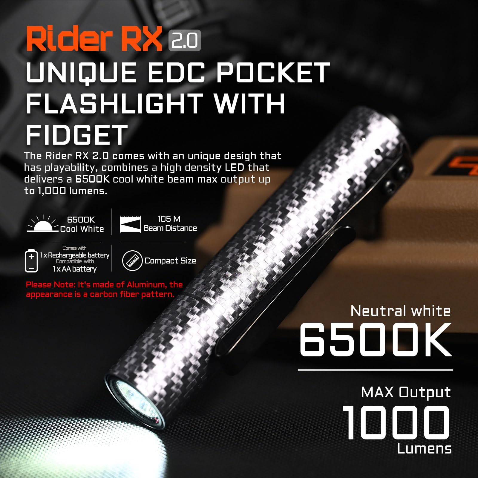 ACEBEAM Rider RX EDC AA Flashlight - 1000 Lumens, Rechargeable, Aluminum, Carbon Fiber White, Compact for Camping & Emergency