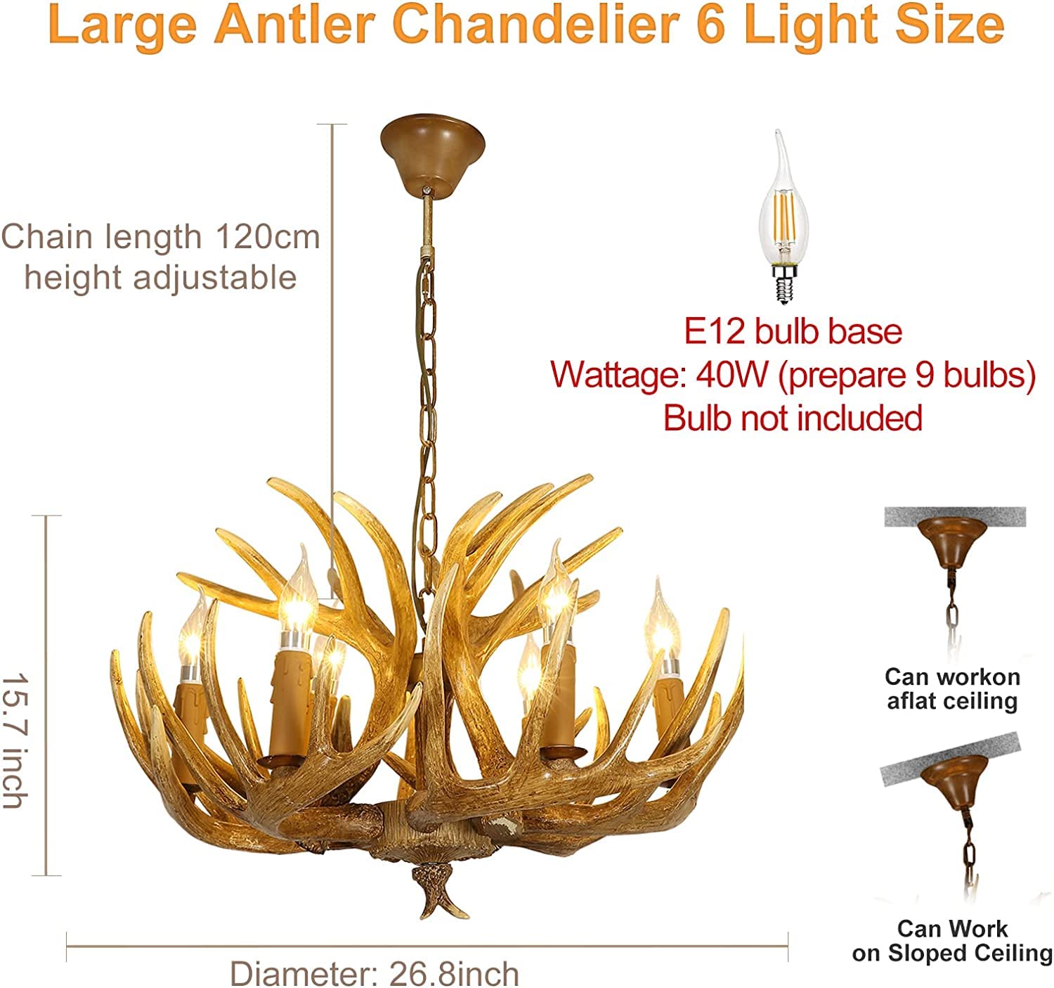 AUNLPB Antler Chandelier 6 Light Vintage Style Faux Resin 26 Inch for Living Room, Cabin - 6 Lights, 9 Arms