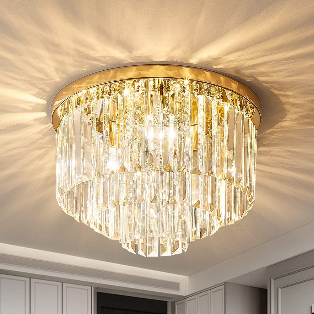 Gopmmy Modern French Gold Crystal Chandelier Ceiling Light 16 Semi Flush Mount 5-Lights 3-Tier Crystal Round Chandelier Light for Bedroom Living Room
