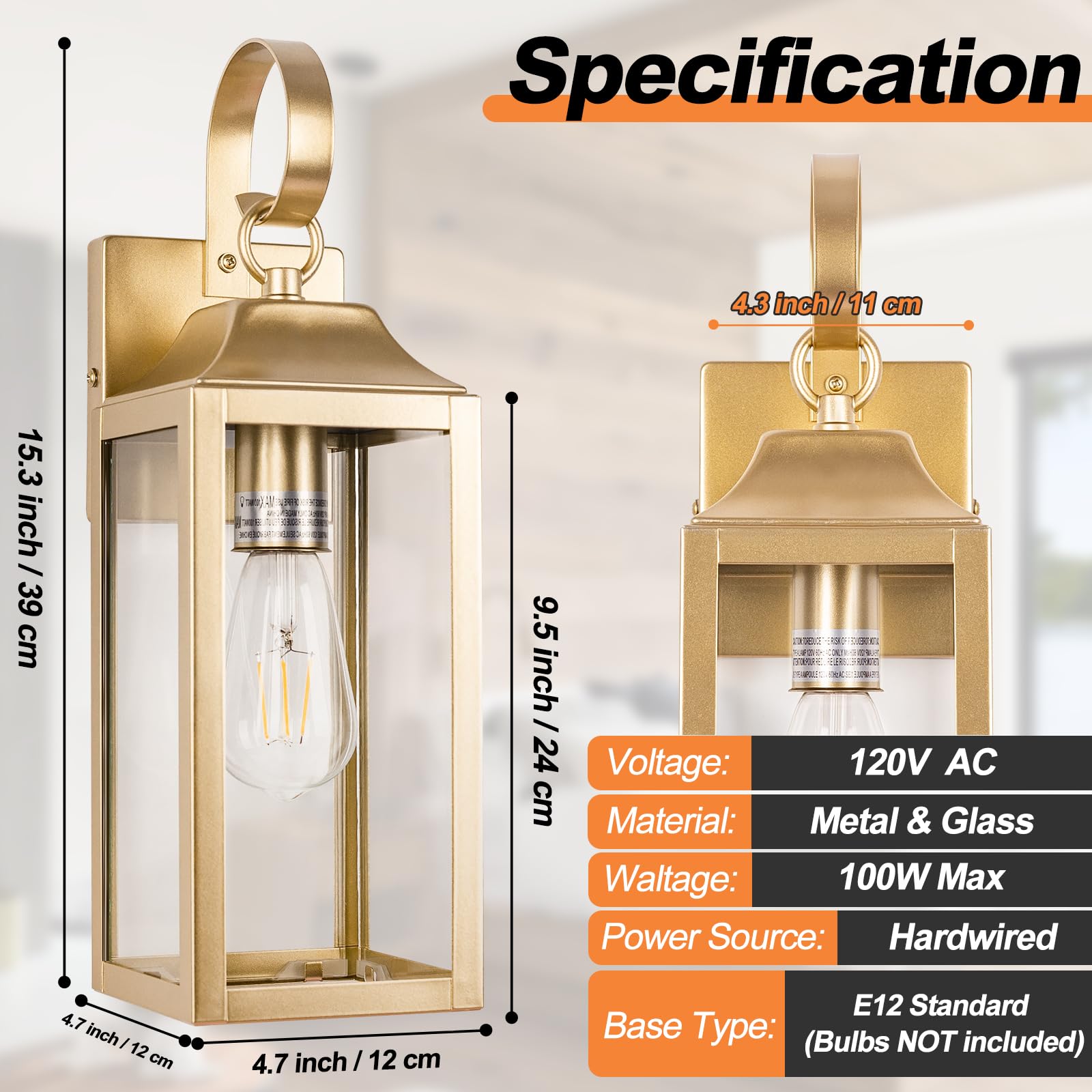 Yolsunes 15 Inch Gold Outdoor Wall Sconces, Waterproof Modern Lanterns With Clear Glass - 2 Pack