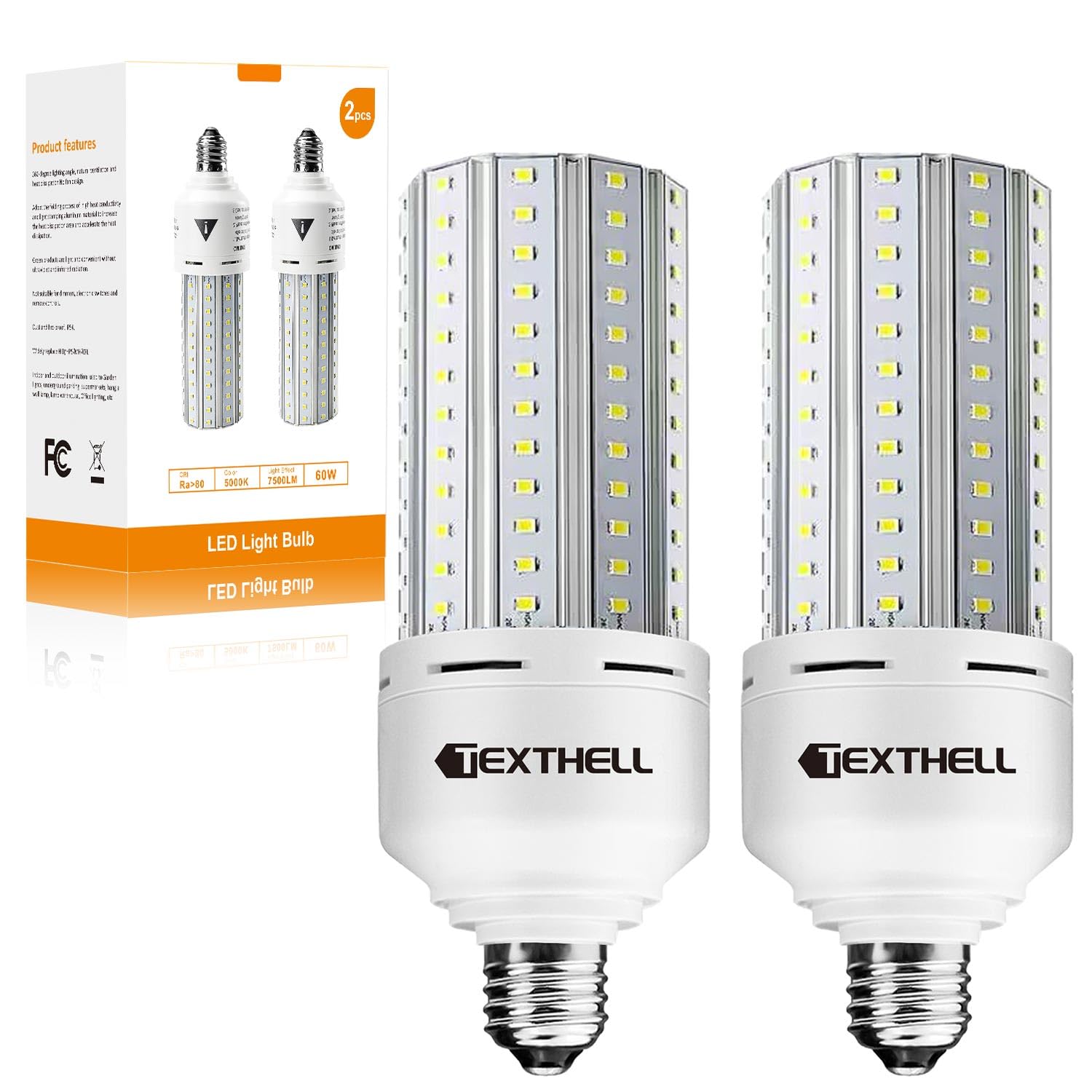 TEXTHELL 60w Led Light Bulb 500w Equivalent 7500lm 2Pack