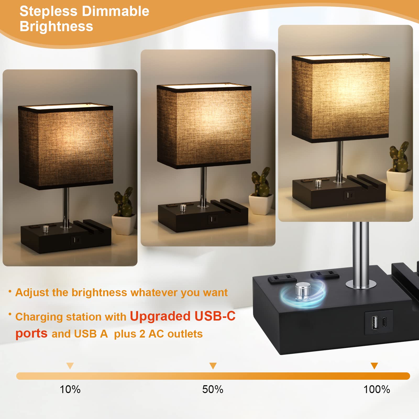 Kakanuo Table Lamp For Bedroom With Dual Usb Ports, Fully Dimmable Black Bedside Lamp With Phone Stands And 2 Charging Outlets,