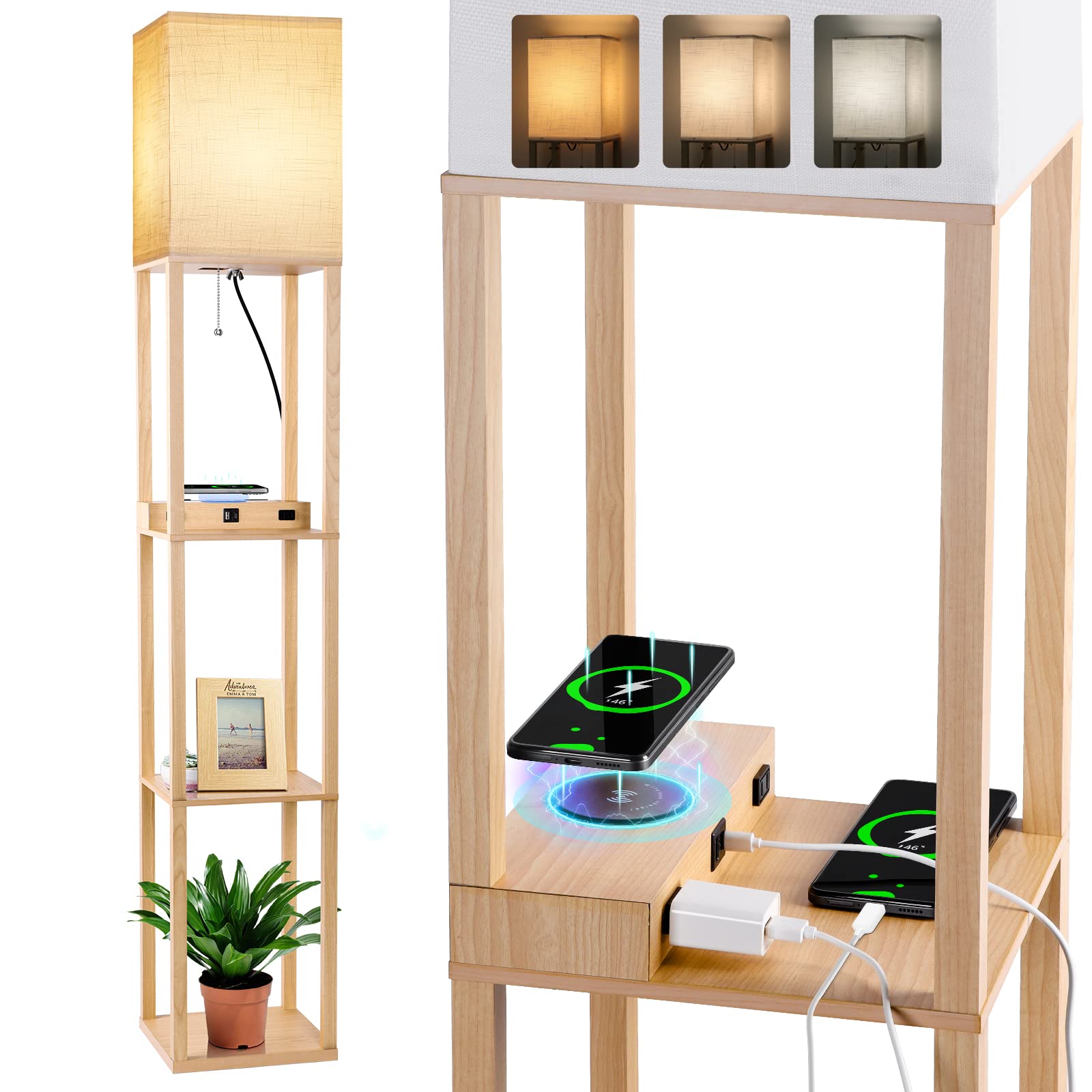 Dott Arts Floor Lamp with Shelves, Wireless Charger & USB Ports, 10.2in Wide, Burlywood, Model WLM1600-FLA-8W-07