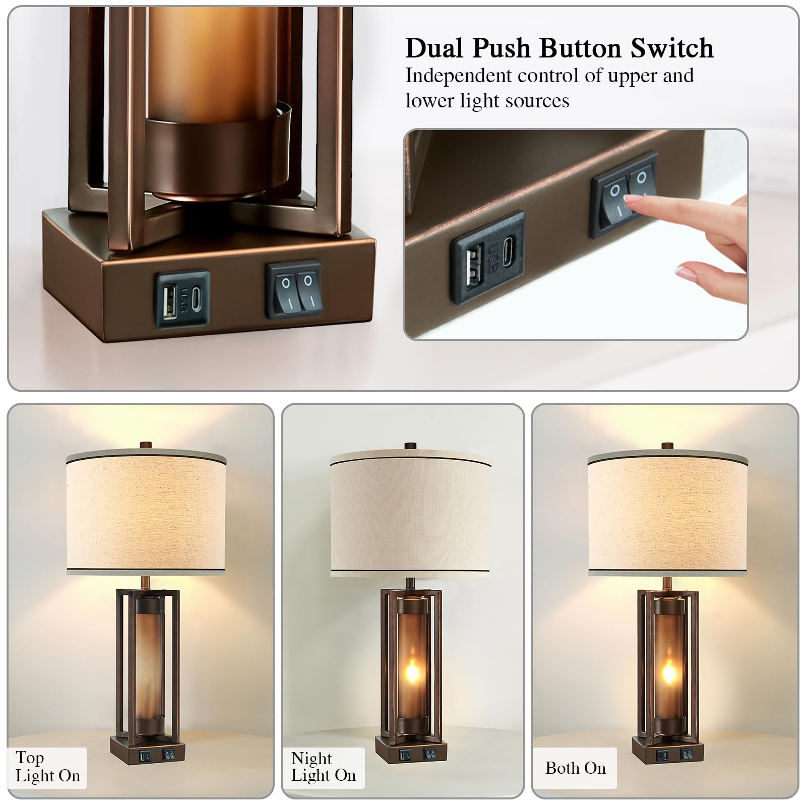 RORIANO Rustic Table Lamps Set of 2 - USB Ports, Amber Glass, Vintage Style, Brown, Model LM8930