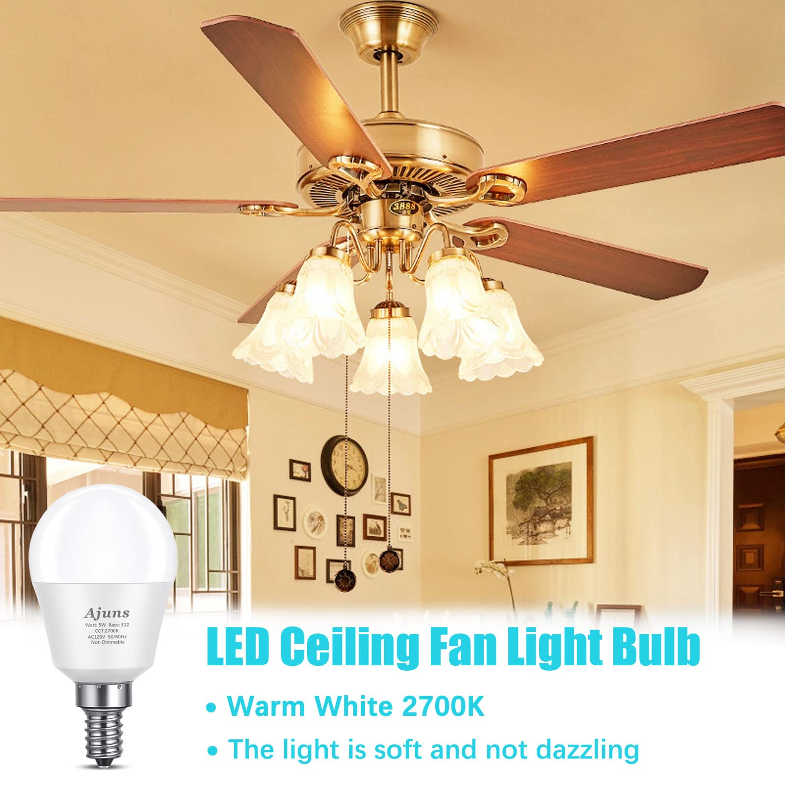 Ajuns 5W Led Bulbs 40W Equivalent E12 Base Warm White 2700K Non-Dimmable A15 Globe Shape, 6 Pack, 450 Lumen