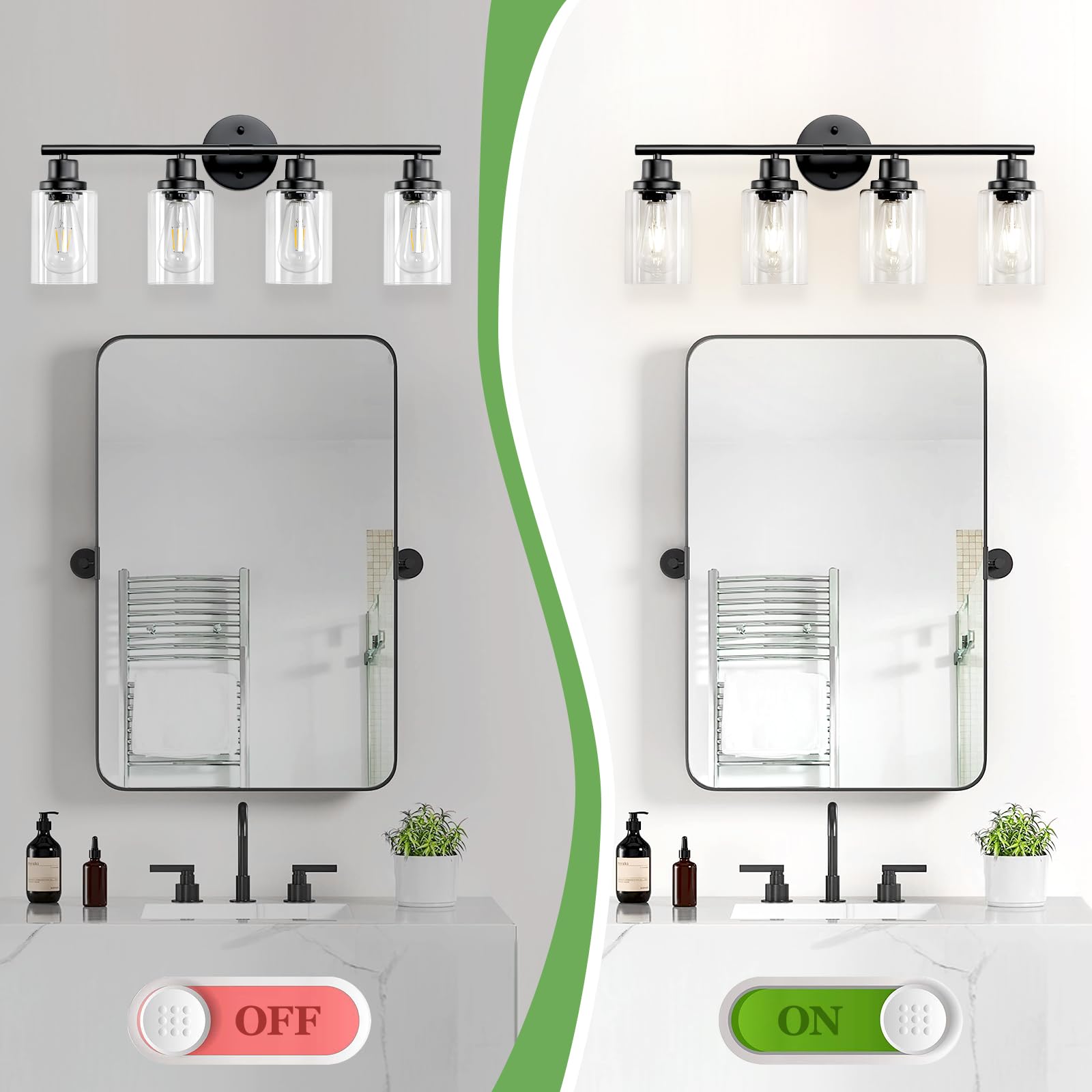 Guliaofo 4-Light Black Bathroom Vanity Light Fixture, Modern Metal Wall Sconces with Clear Glass Shade, Model Gu-111-QGH-4