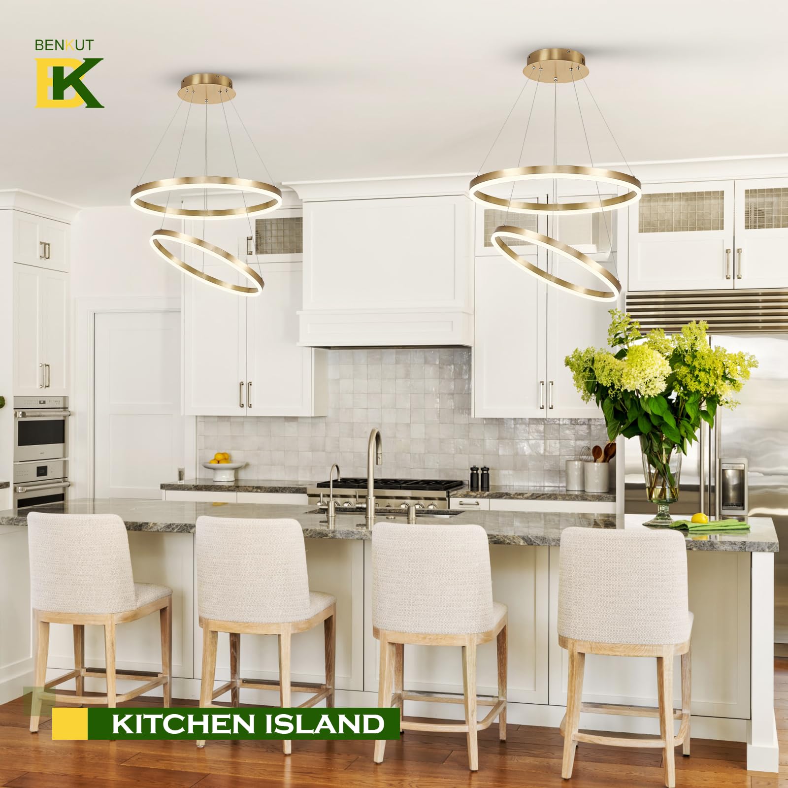 Benkut 2-Rings Modern Led Chandelier Gold For Dining Room, Circular Flush Mount Ceiling Chandelier Light Dimmable Pendant Light With Remote Control For Living Room Entrance Foyer, 3000K-6500K