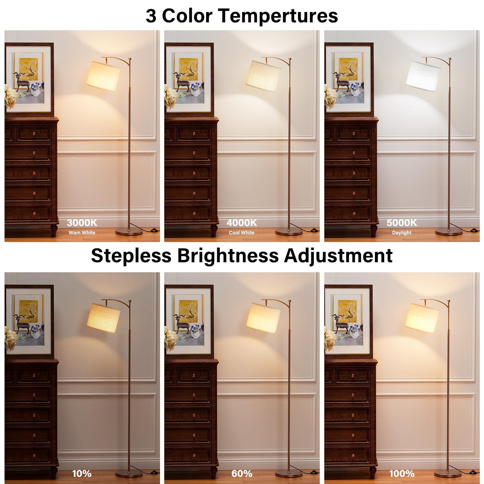 60'' Floor Lamps With Remote Control & Bulb, Colors Temperature & Brightness Adjustable, Deep Beige Shade & Brown Pole