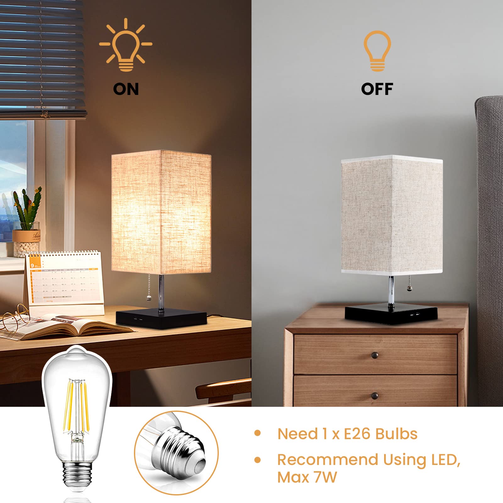 Siljoy Modern Bedside Table Lamp with USB Ports, Pull Chain Switch, Fabric Shade, Square, Black Base