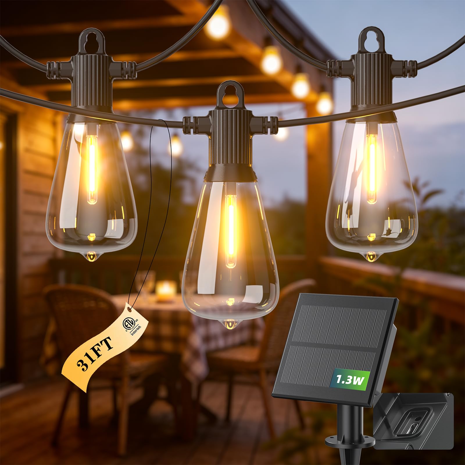 31FT Solar String Lights Outdoor Waterproof IP65 with USB-Charging , Solar Powered LED Patio Lights with 15+1 Shatterproof ST38 