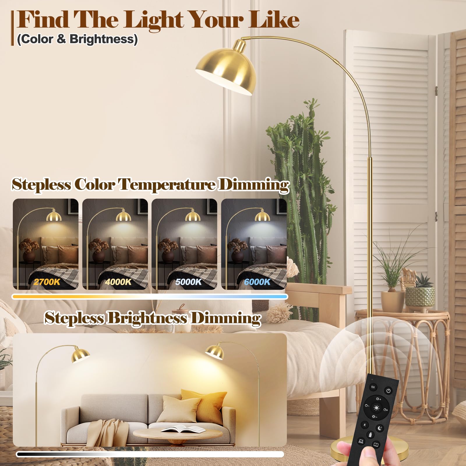 Venzblomia ?Upgraded? Arc Floor Lamps For Living Room - Stepless Dimmable Gold Tall Lamp With Remote Control & Color Temperature