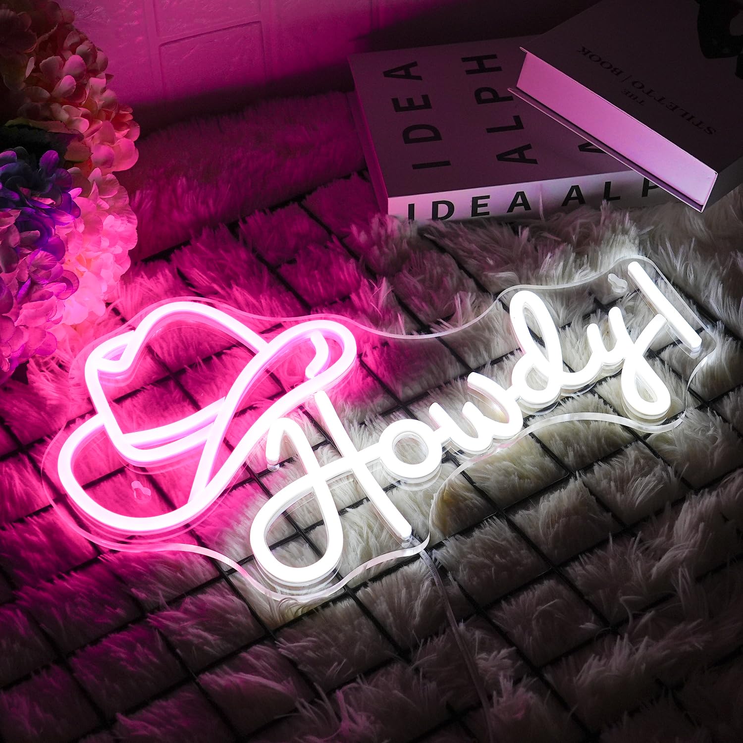 LMSIGNLY LED Neon Sign, Howdy Cowboy Design, Dimmable, USB Powered, Pink White Color, Acrylic Material