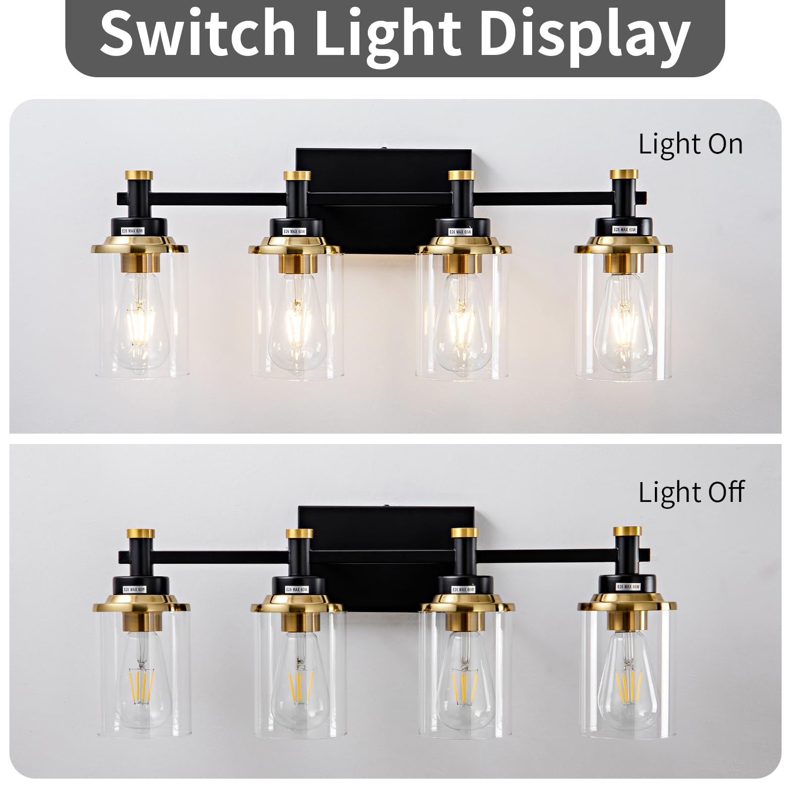 Aixialin 4 Light Bathroom Vanity Light, Modern Black And Gold Vanity Lights For Bathroom Over Mirror, Vintage Sconce Wall Lighti