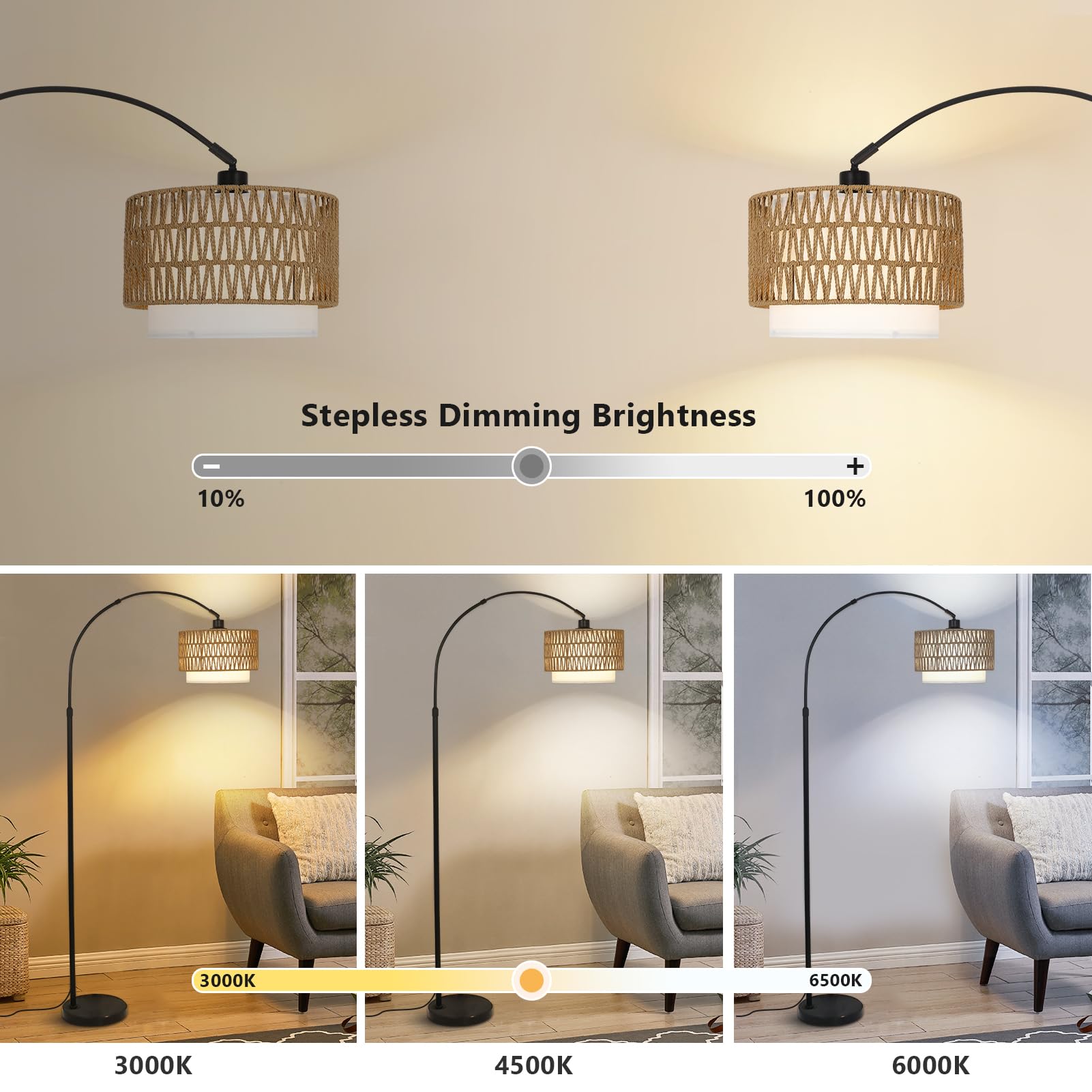 eyassi Arc Floor Lamp - Modern LED, Dimmable, Adjustable Height, Black & Brown, Tall Design for Living Room & Bedroom