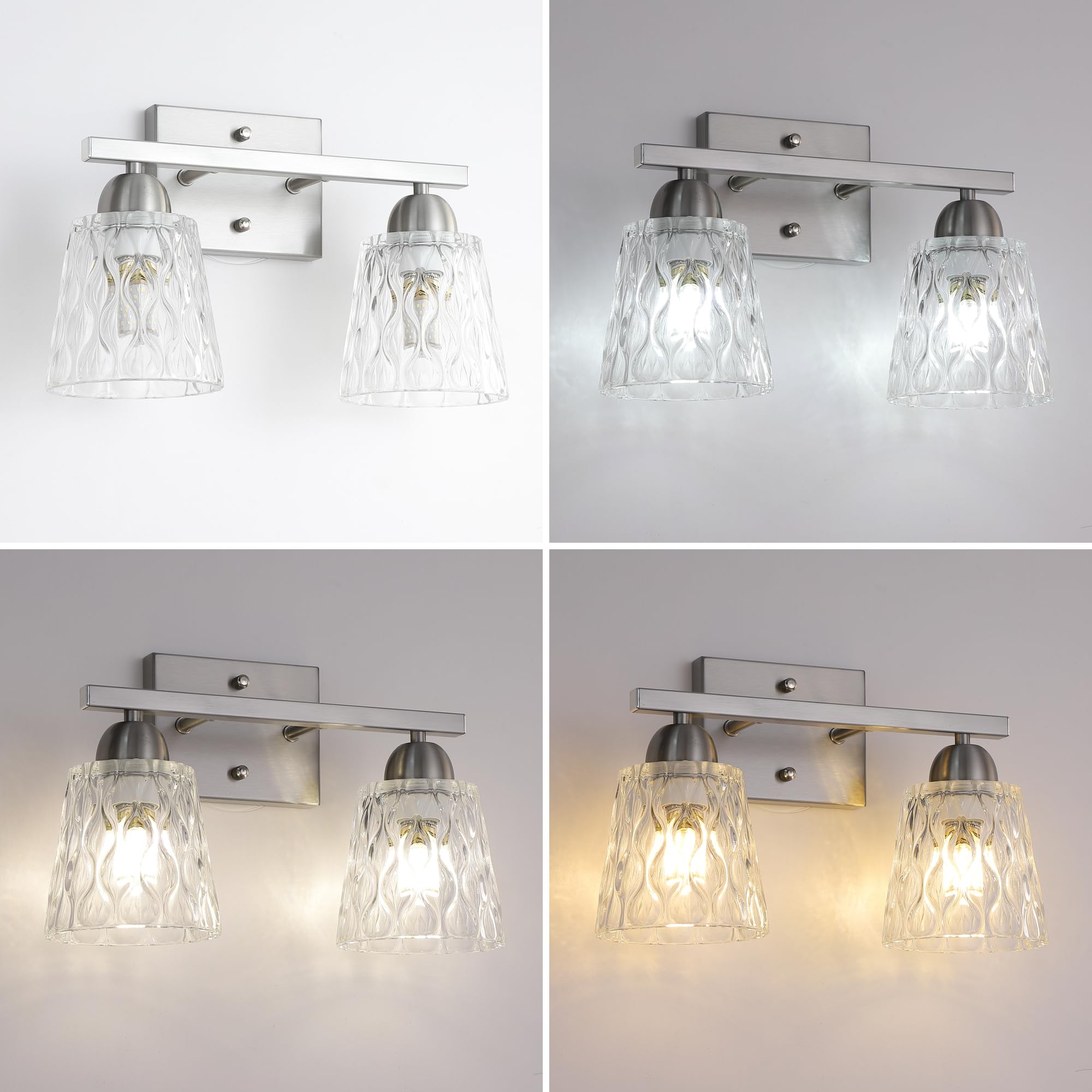 Mecgirn Stainless Steel 2 Light Bathroom Vanity Light, Brushed Nickel Bathroom Light Fixtures With Textured Glass Shades, Modern Vanity Lighting Wall Mount Over Mirror