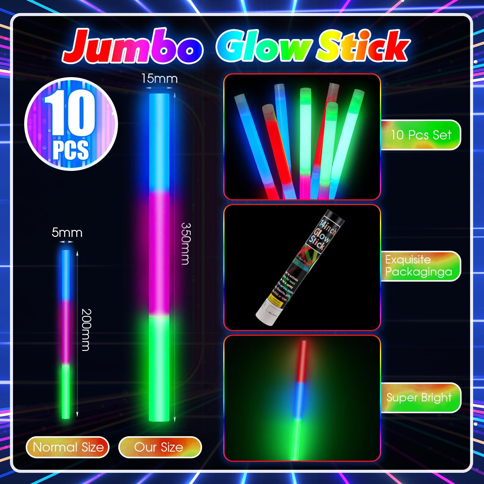 Lewtemi Glow Sticks - 10 Pcs Jumbo Emergency Light Sticks, 14 Inch, Neon Color, for Camping and Halloween, Model OB-Lewtemi-3035