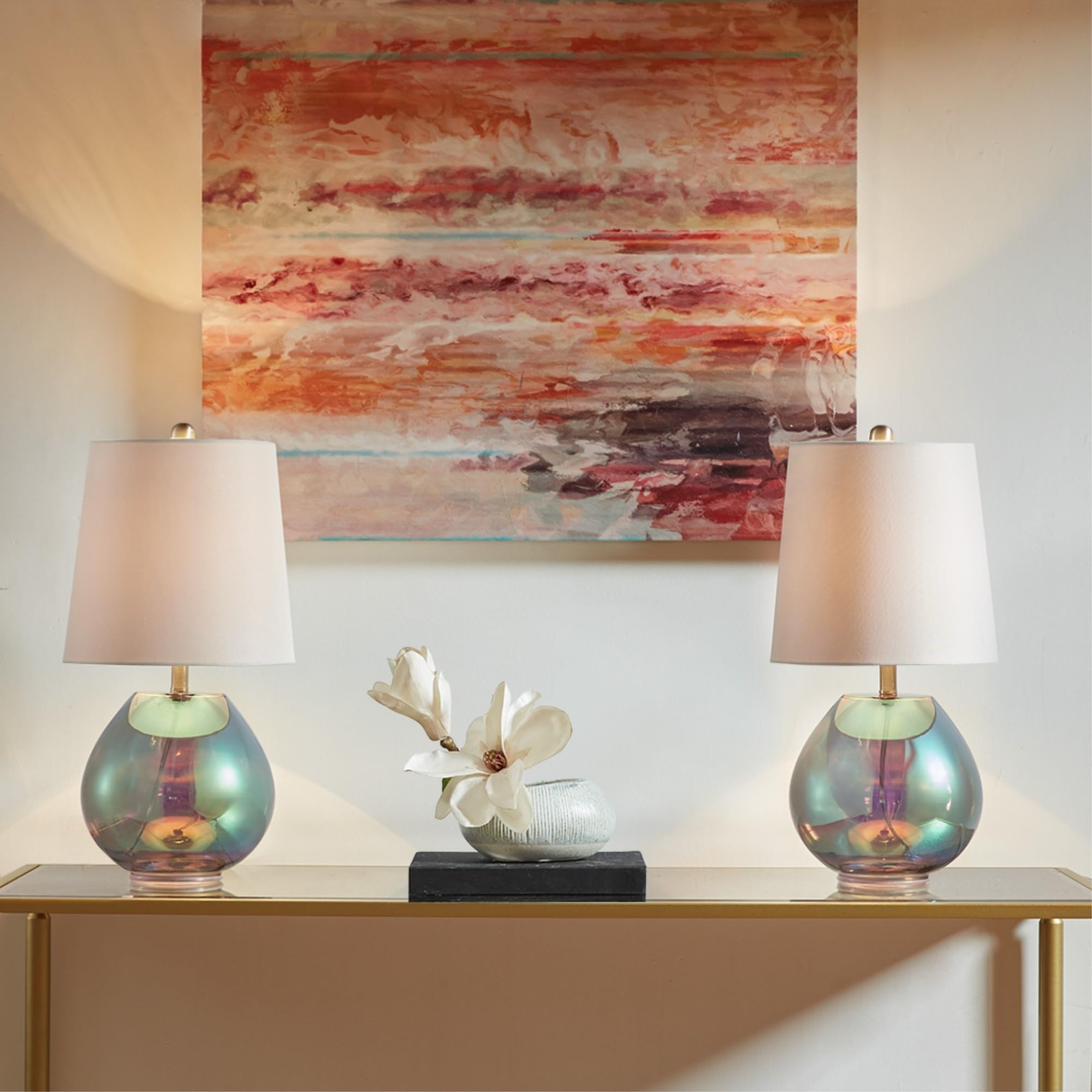Ergode Iridescent Glass Table Lamp - Green Glass Body, Curved Base, Off-White Tapered Lamp Shade - Includes Type A Light Bulb