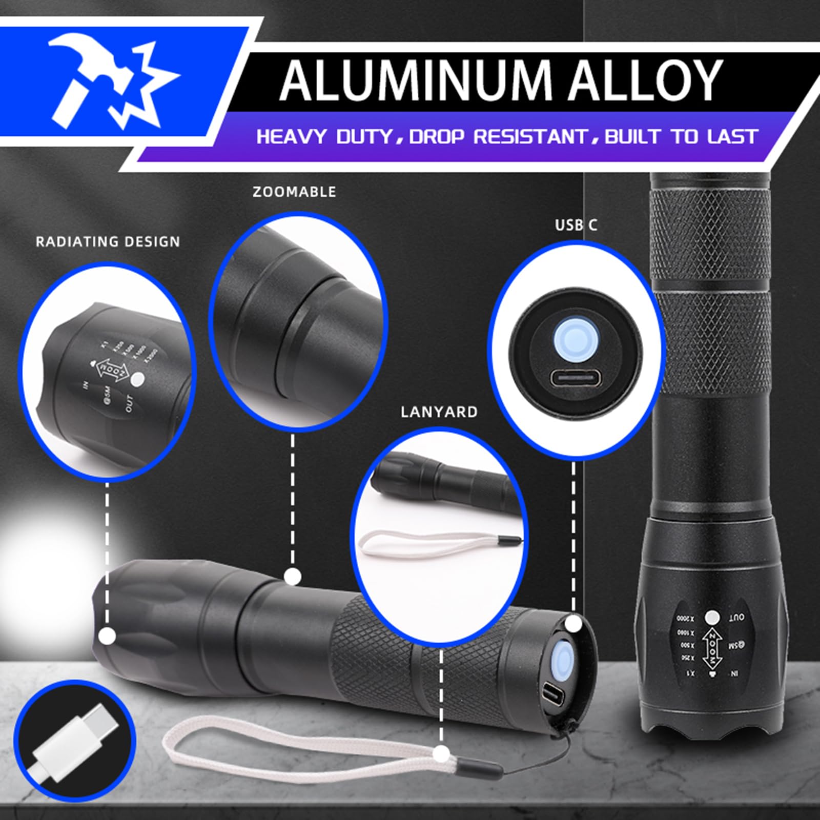 Hilngav 6 Pack LED Rechargeable Flashlights, Super Bright Mini Camping Lights, USB C Charging, Style 5, Model s001-16