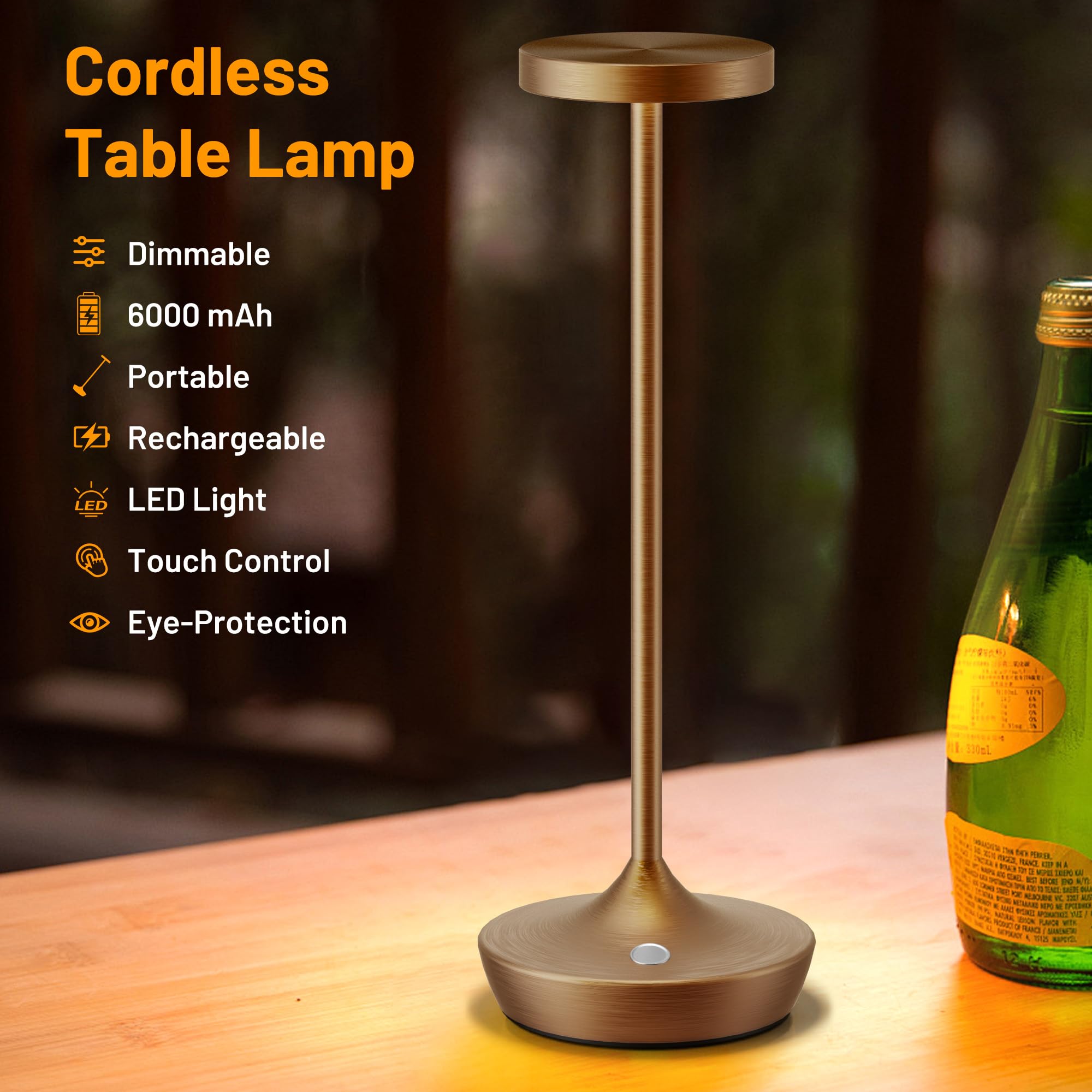YHT Cordless Table Lamp, Rechargeable LED Desk Lamp, 6000mAh, Waterproof, 3-Color Touch Dimmable, Bronze 2P, Model X86