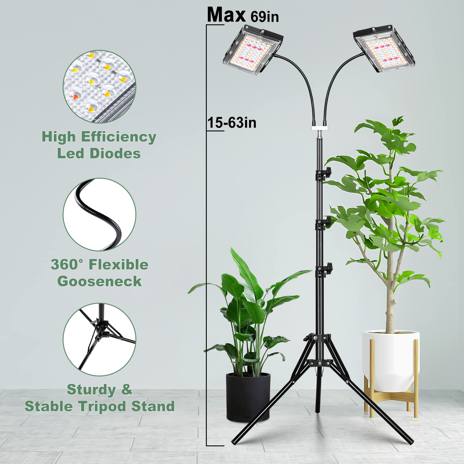Lordem Grow Light With Stand, Full Spectrum Led Plant Light For Indoor Plants, 200W Dual Heads Grow Lamp With Auto On/Off Timer, 3 Lighting Modes, 6 Dimmable Levels, Adjustable Tripod 15-63 Inches