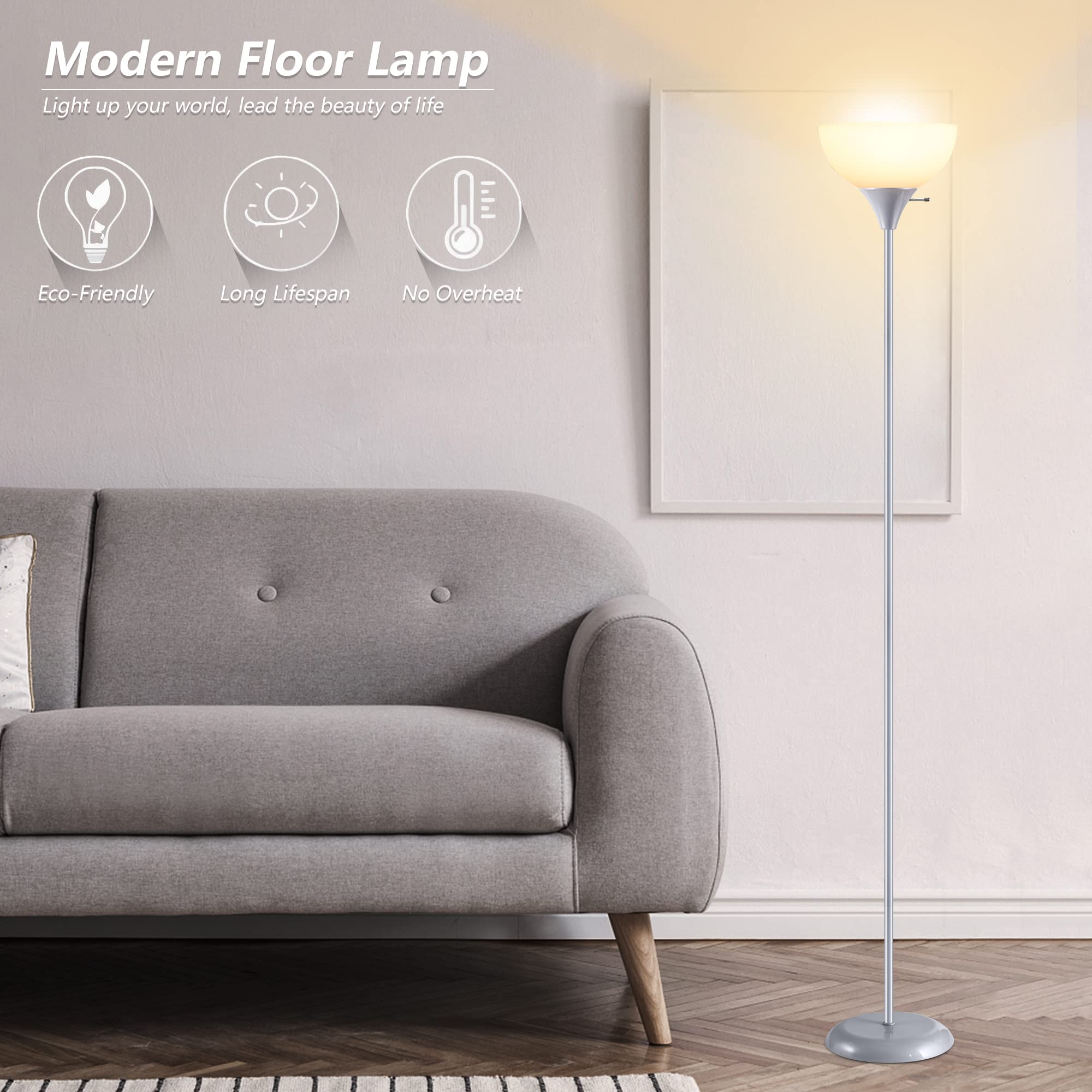 RISLG Modern Floor Lamp, Gray Metal, 3 Brightness Levels, E26 Socket, 70.8in Tall, Model RG00301