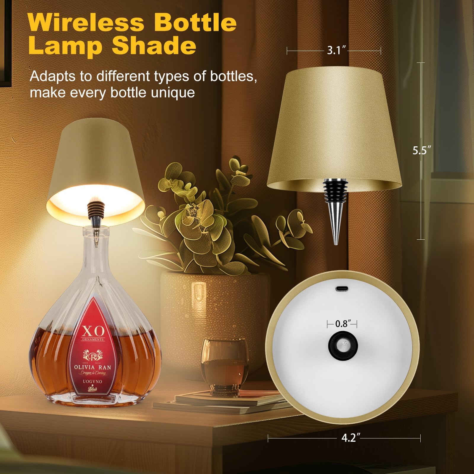 Soudfk Wireless Bottle Lamp, 2025 New 3 Color Rechargeable Wine Bottle Lights For Bars Restaurants (Placer Gold, 1Pc)
