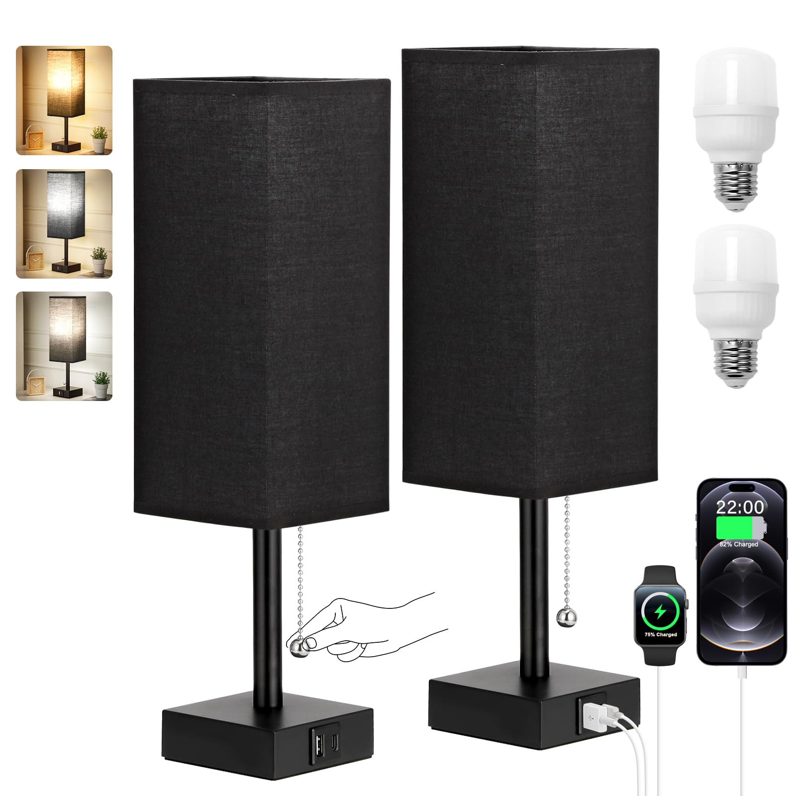 Bedside Table Lamps Set of 2 - Black Bedroom Lamps with 3 Color Temperatures (3000K/5000K/4000K), Two Square Nightstand Lamps wi