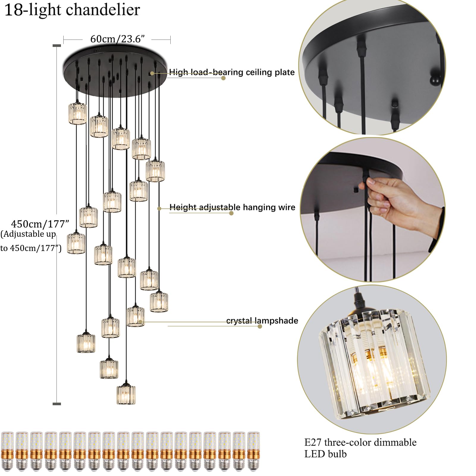 Meimond Long Chandeliers For High Ceilings Modern Crystal Pendant Light Raindrop Drop Lamp Hanging Flush Mount Lighting Fixtures For Spiral Staircase Foyer Entryway Living Room Black (18 Lights)