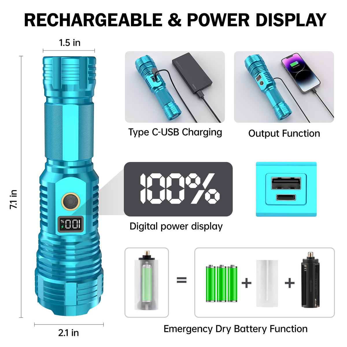 car quest rechargeable led flashlight CHILDBOT Rechargeable Tactical Flashlight, 990000LM, Zoomable, Waterproof, Turquoise, Model Y1915C