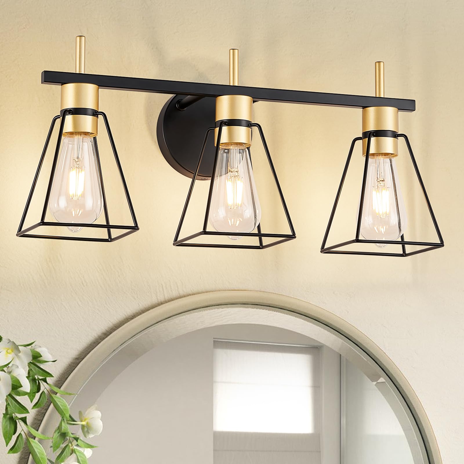 Fonmyim Farmhouse Bathroom Vanity Light Fixtures Over Mirror, Black And Gold 3-Light Wall Sconce With Metal Cage, E26 Socket (Bu