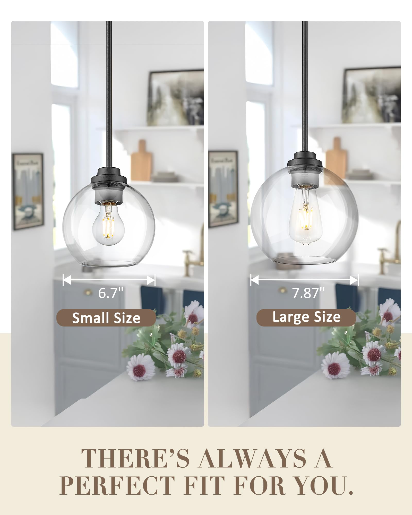 JAZAVA Matte Black Pendant Light Fixture, Mid Century Design, 6.7 inch, 2 Pack, Clear Glass, Model PL101BK-2PK