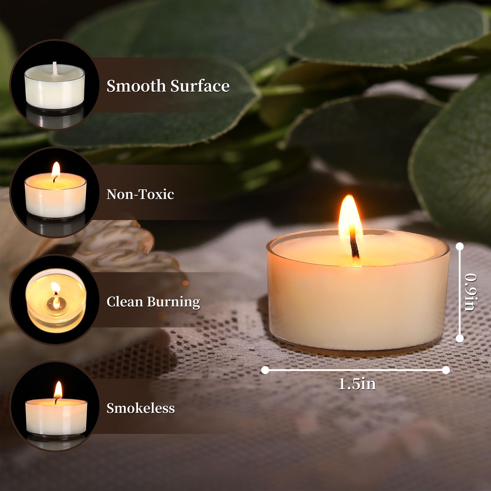 Simeitol Soy Wax Tealight Candles, 50 Pcs White Unscented, 6 Hour Burn Time, Smokeless Votive Tea Lights for Weddings and Home